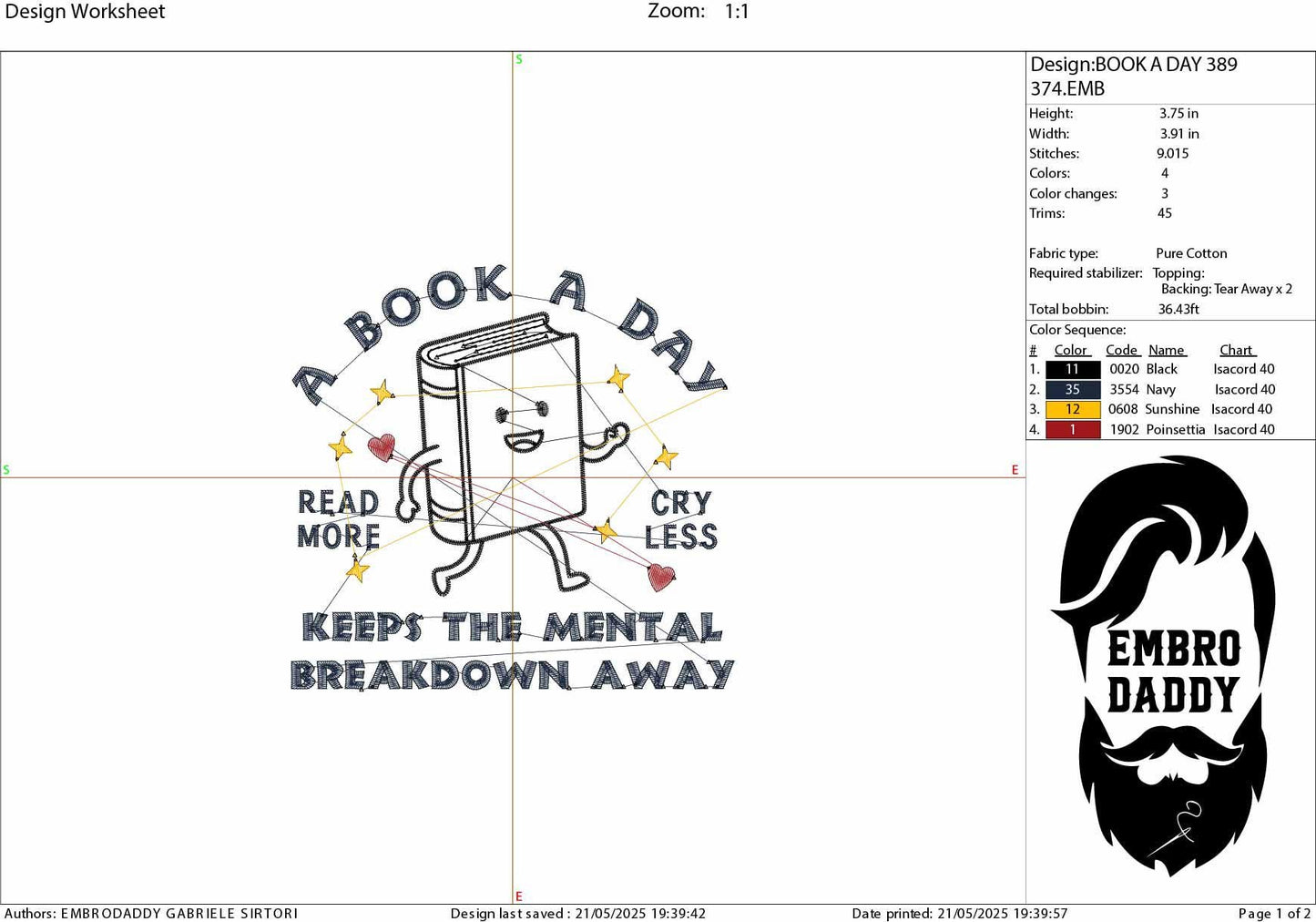 Machine Embroidery files, A Book A Day Keeps The Mental Breakdown Away, Bookish, Vintage Book Meme, DST, PES, xxx, hus & more