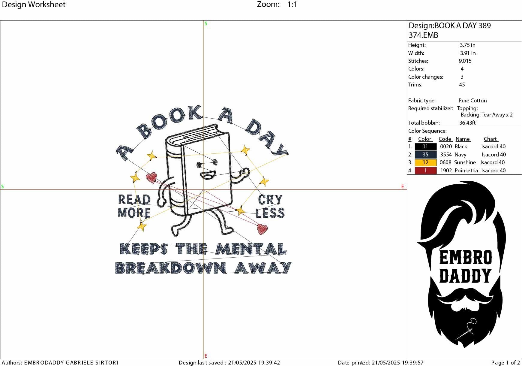 Machine Embroidery files, A Book A Day Keeps The Mental Breakdown Away, Bookish, Vintage Book Meme, DST, PES, xxx, hus & more