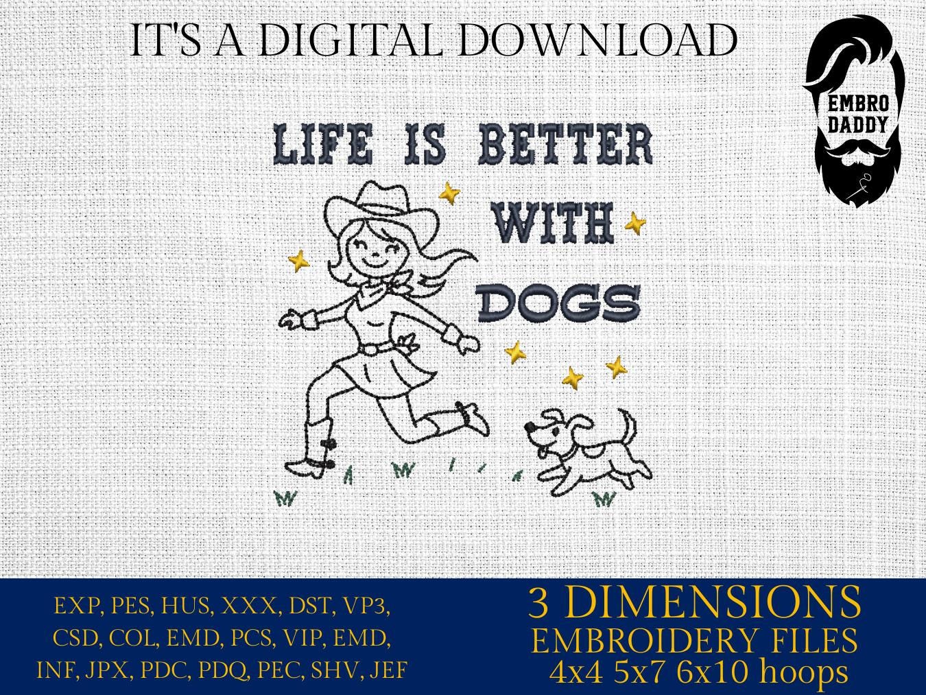 Machine Embroidery files, Life Is Better With Dogs, Dog Lover, Dog Mama, Vintage Dogs, Gift for Dogs, Trendy Dog, PES, hus, dst, vp3 & more