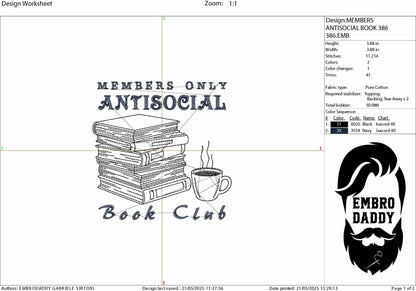 Machine Embroidery files, Anti Social Book Club, Introverted Reader, Bookish, Vintage Romance, Book Lover DST, PES, xxx, hus & more