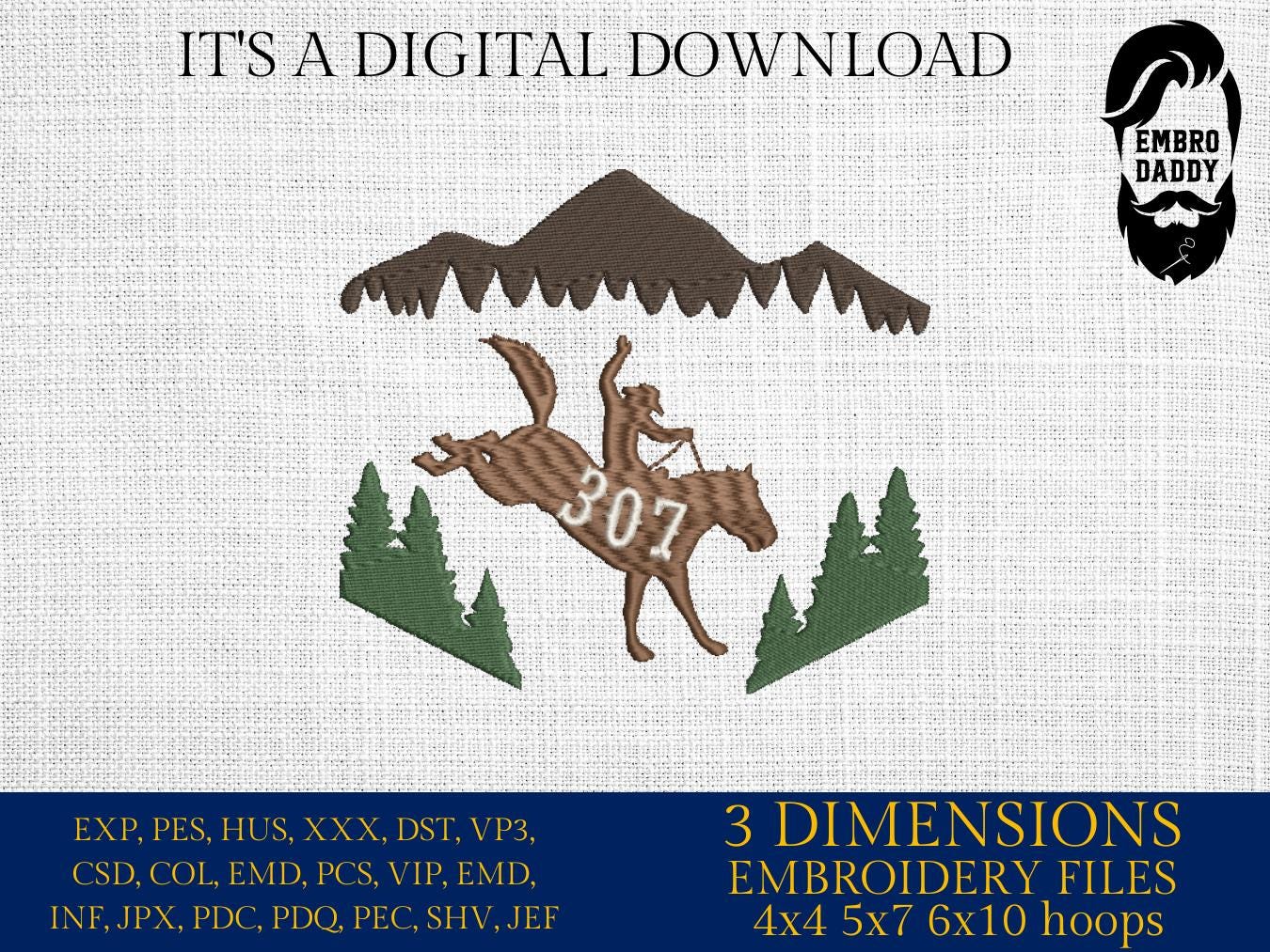 Machine embroidery files, Wyoming Cowboy 307, Bucking Horse, Wyoming State, Western Gift, Bucking Bronco, Decor Cowboy, PES, DST, hus & more