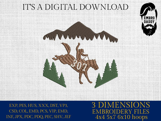 Machine embroidery files, Wyoming Cowboy 307, Bucking Horse, Wyoming State, Western Gift, Bucking Bronco, Decor Cowboy, PES, DST, hus & more