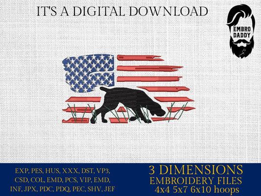 Machine Embroidery files, Hunting Dog, American Flag, Pointer, Hunting, Dad Hunting, Patriotic, Duck Hunting, PES, DST, xxx, hus & more