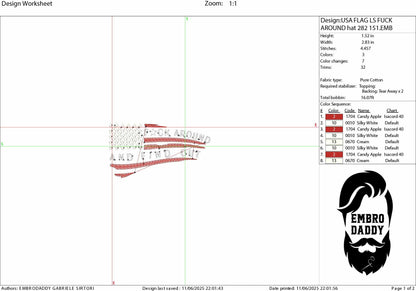 Machine Embroidery files, Usa flag FAFO, embroidery file digitize for hat, American Flag PES, xxx hus & more