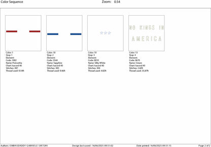 Machine Embroidery files, No Kings in America, patriotic, PES, dst, xxx hus & more