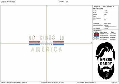 Machine Embroidery files, No Kings in America, patriotic, PES, dst, xxx hus & more
