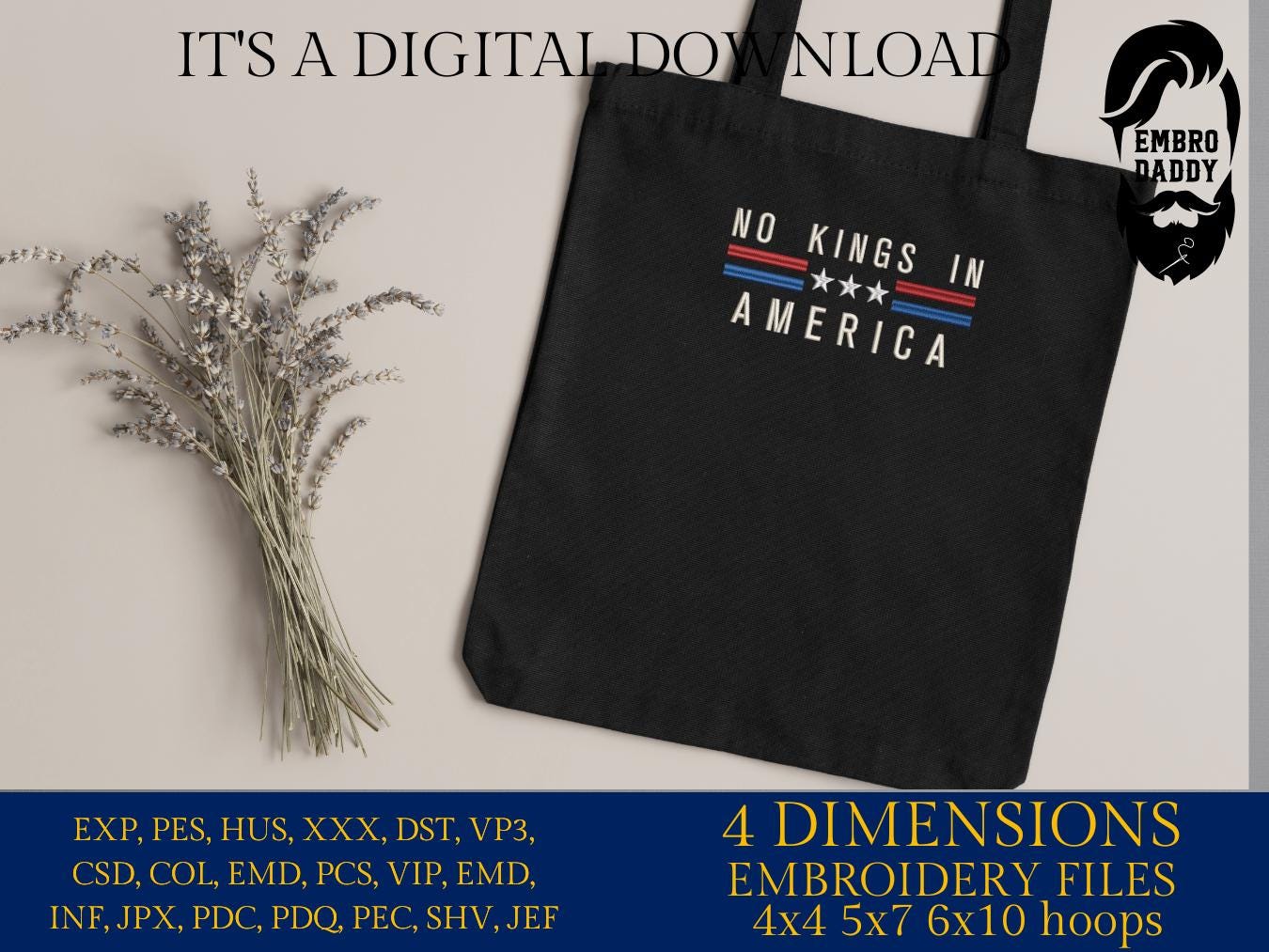 Machine Embroidery files, No Kings in America, patriotic, PES, dst, xxx hus & more