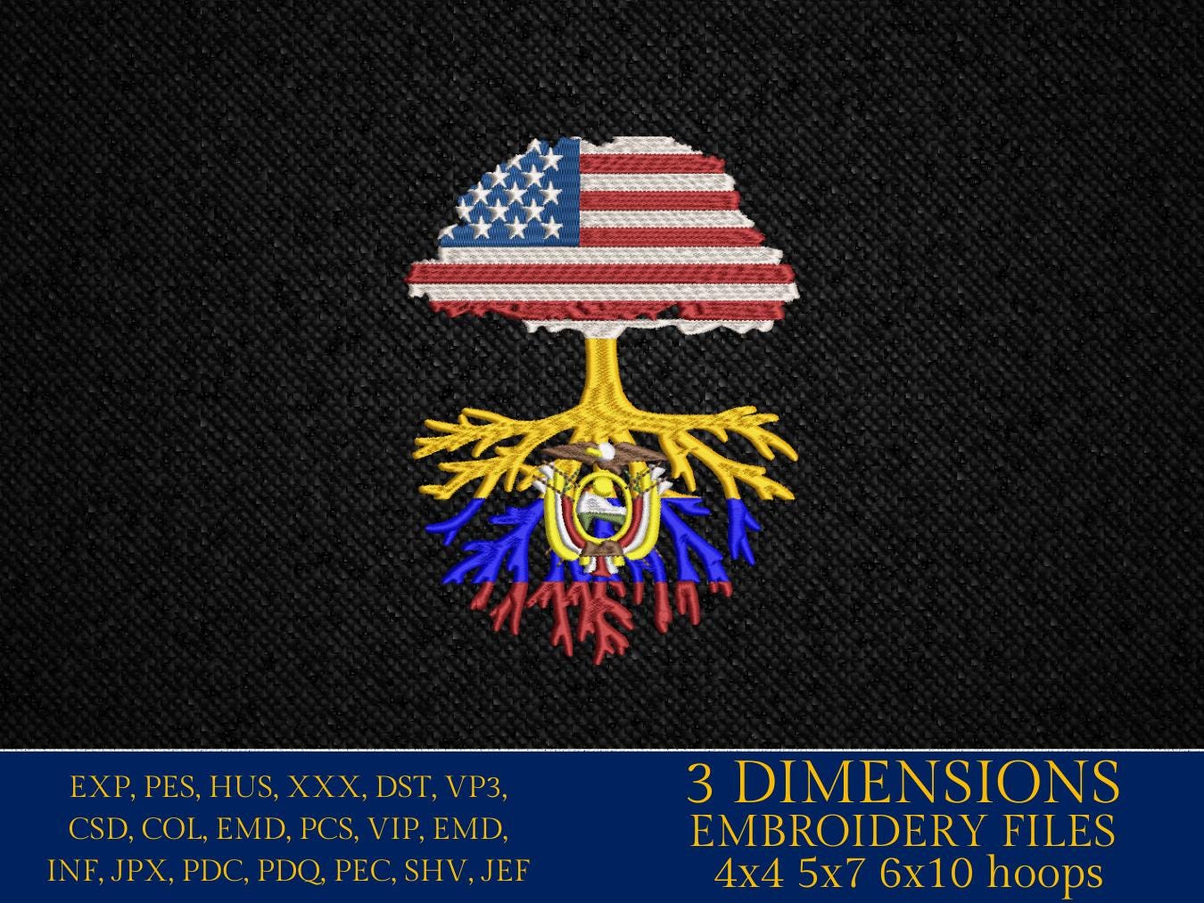 Machine Embroidery files, USA Tree Ecuador roots, PES, xxx, hus, dst & more