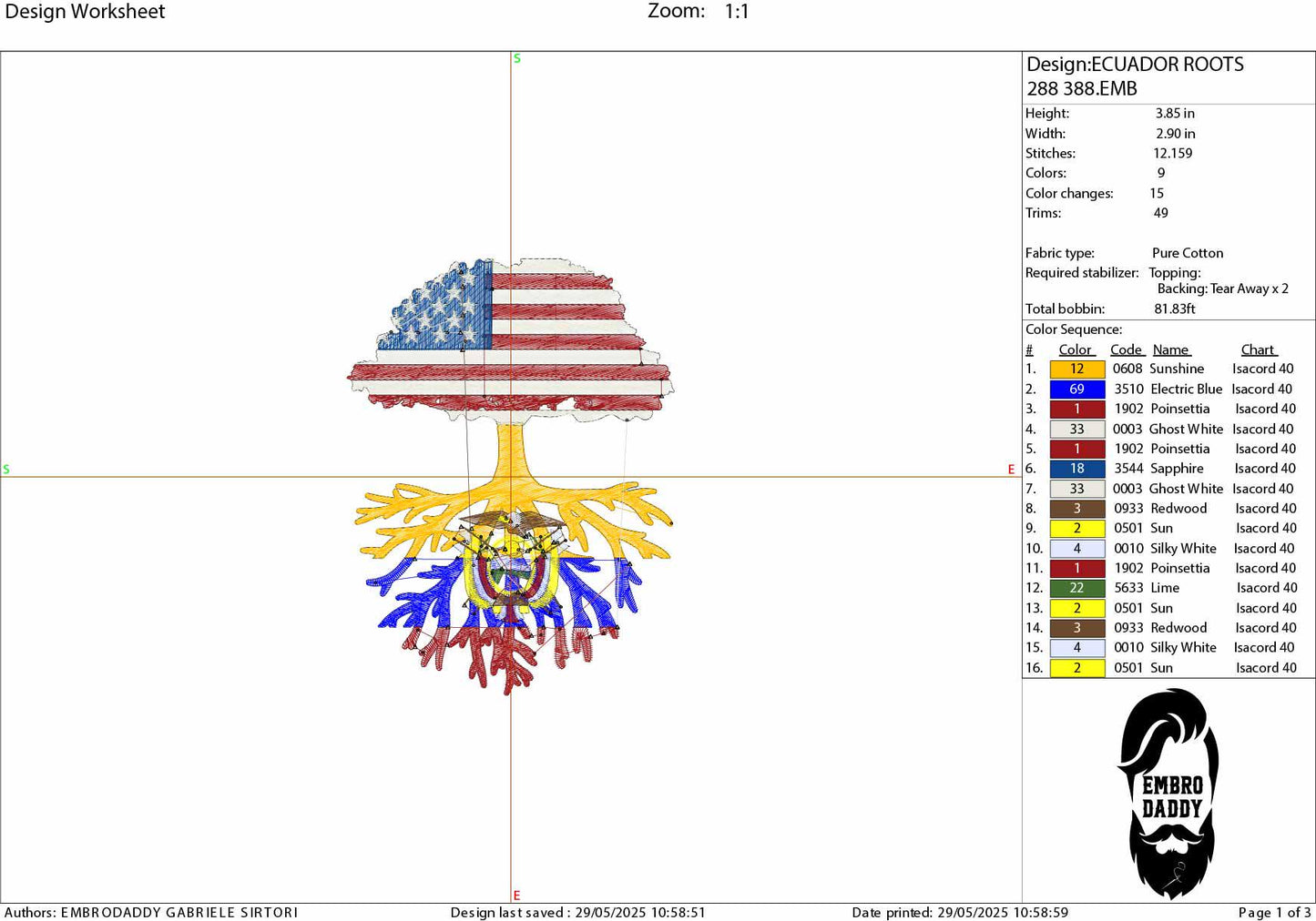 Machine Embroidery files, USA Tree Ecuador roots, PES, xxx, hus, dst & more