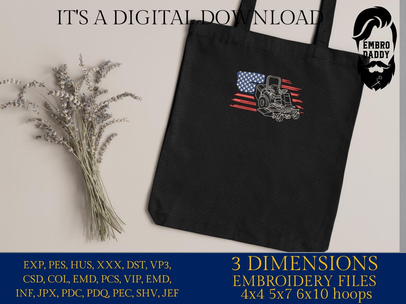 Machine Embroidery files, US Lawn Mower, Lawn Mower With Flag, Landscaping, PES, dst, xxx hus & more
