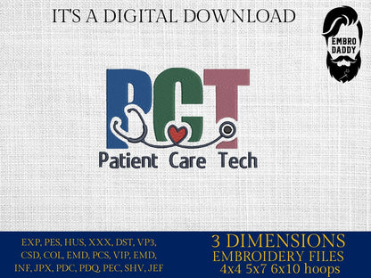 Machine Embroidery files, Patient Care Technician, PCT, Patient Care Tech, Nurse Life, Nursing, Stethoscope, pes, DST, xxx, hus & more