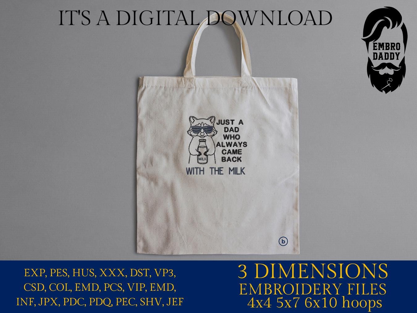 Machine Embroidery files, Just A Dad Who Always Came Back With Milk, Trendy Father Day, Snarky Raccoon, PES, dst, xxx & more