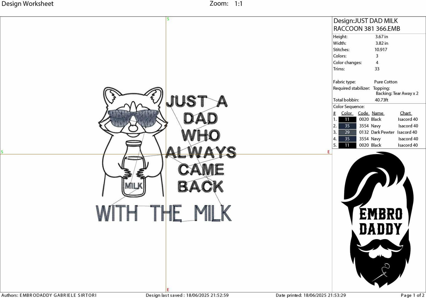 Machine Embroidery files, Just A Dad Who Always Came Back With Milk, Trendy Father Day, Snarky Raccoon, PES, dst, xxx & more