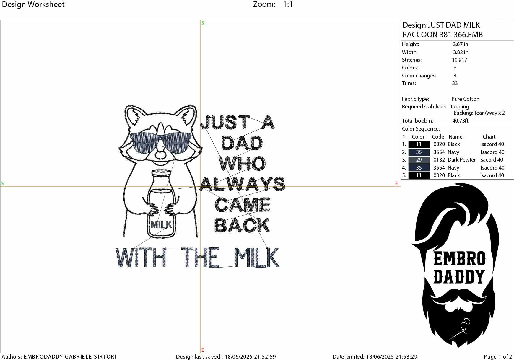 Machine Embroidery files, Just A Dad Who Always Came Back With Milk, Trendy Father Day, Snarky Raccoon, PES, dst, xxx & more
