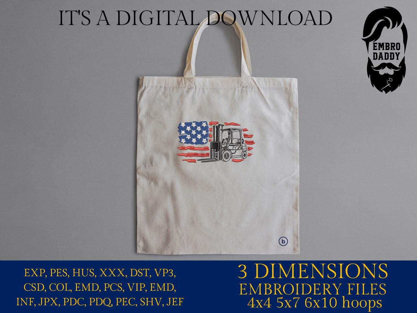 Machine Embroidery files, USA flag forklift, Fork Lift, Warehouse Lift, Equipment, PES, DST, xxx, hus & more