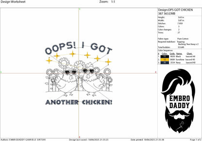 Machine Embroidery files, Oops I Got Another Chicken, Funny Farm Animal, Rustic Farmhouse, Trendy Chicken PES, dst, xxx, hus & more