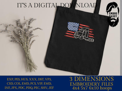 Machine Embroidery files, USA flag semi truck, PES, DST, xxx, hus & more