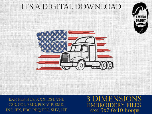 Machine Embroidery files, USA flag semi truck, PES, DST, xxx, hus & more