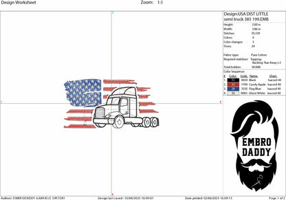 Machine Embroidery files, USA flag semi truck, PES, DST, xxx, hus & more