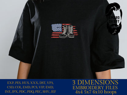 Machine Embroidery files, American Flag, Military Boots, Patriotic USA, Combat Boots PES, dst, xxx hus & more
