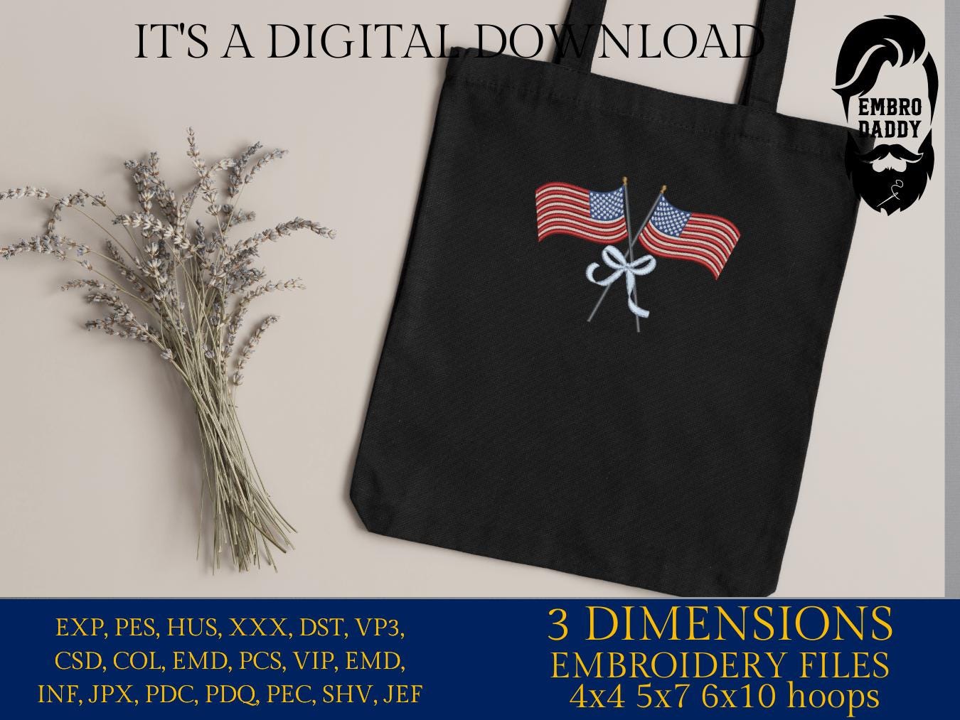 Machine Embroidery files, USA flag, American Flags with Ribbon Bow, DST, PES, xxx, hus & more