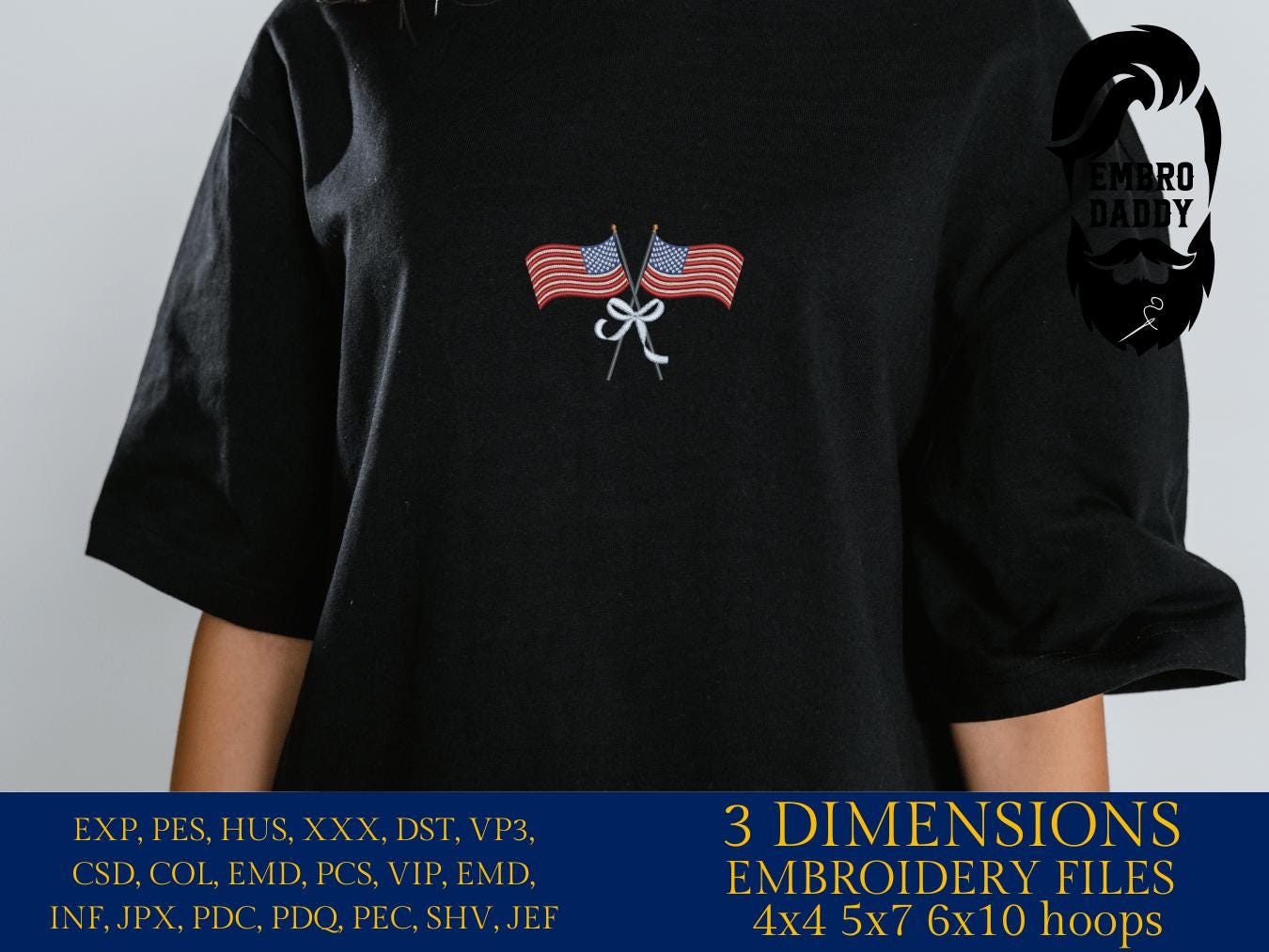 Machine Embroidery files, USA flag, American Flags with Ribbon Bow, DST, PES, xxx, hus & more