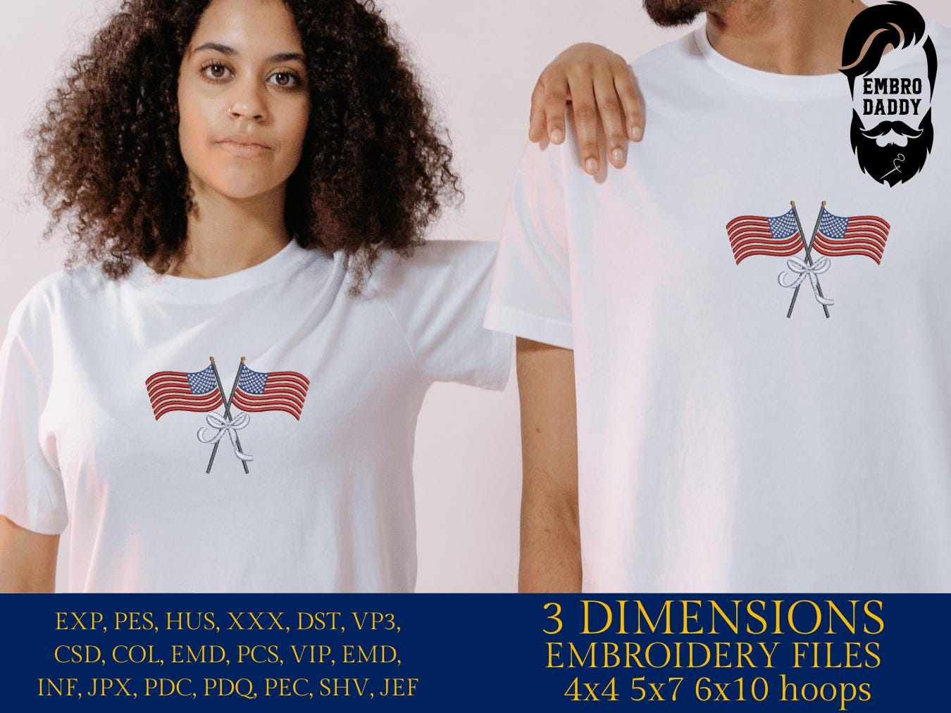 Machine Embroidery files, USA flag, American Flags with Ribbon Bow, DST, PES, xxx, hus & more