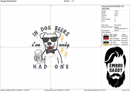 Machine Embroidery files, In Dog Beers I've Only Had One, Funny Dog Beers, Funny Drinking, Pet Beer, Dog Lover pes, dst, hus & more