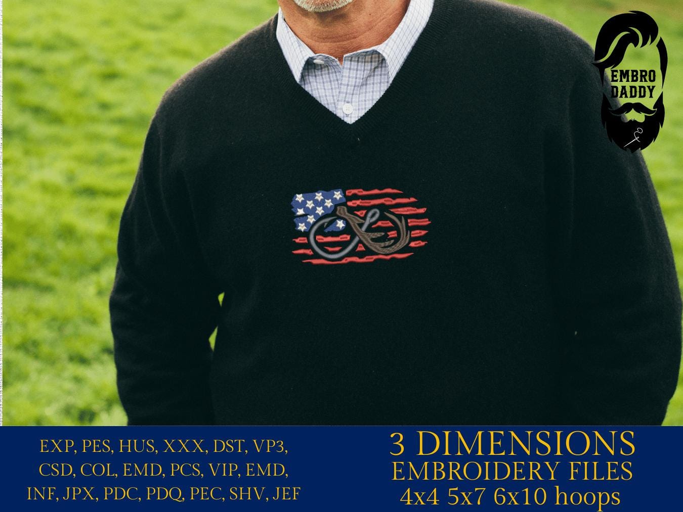 Machine Embroidery files, Fishing and Hunting American Flag, hook and antler, US flag, PES, DST, xxx, hus & more