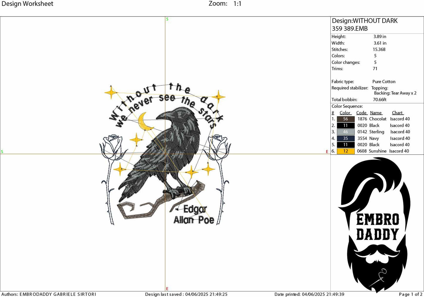 Machine Embroidery files, Without the dark we never see the stars, Edgar Allan Poe, Funny Horror Book, Halloween, DST, PES, xxx, hus & more