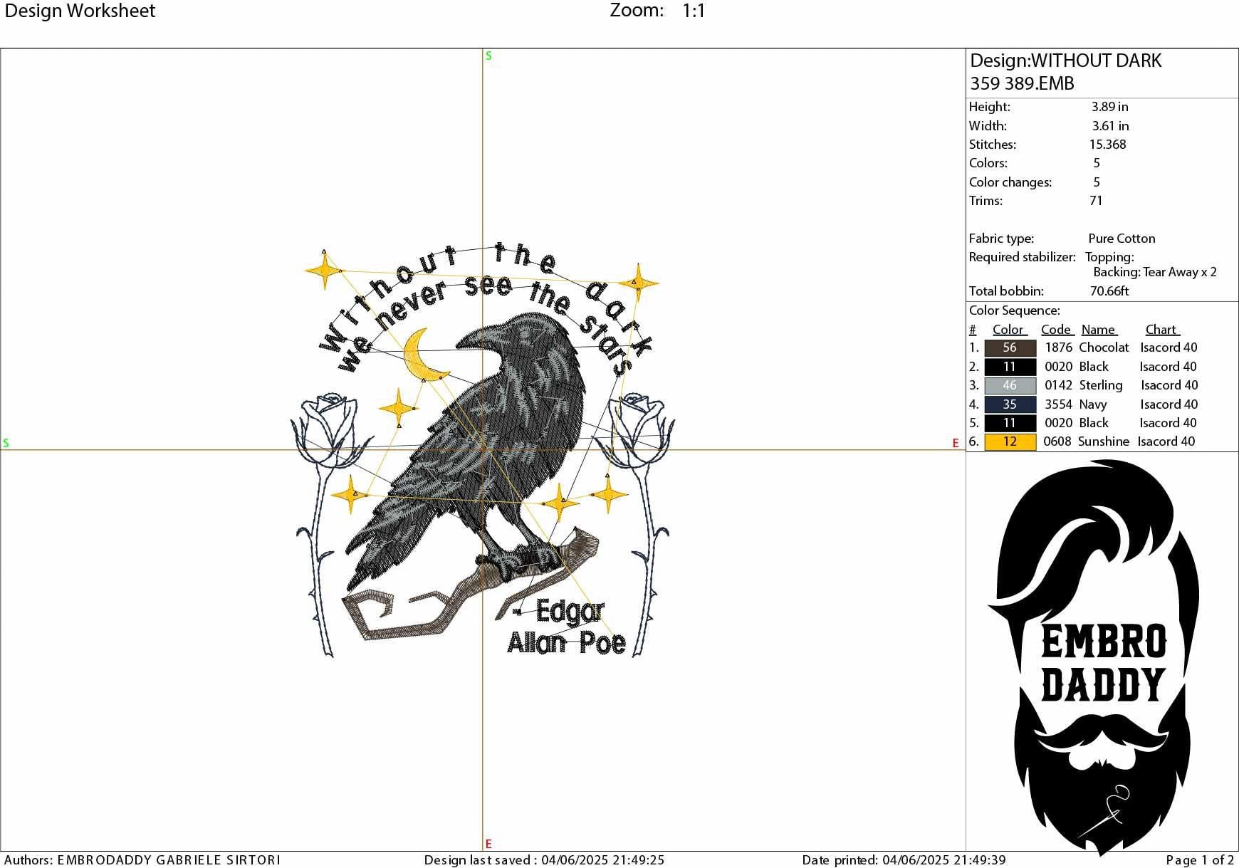 Machine Embroidery files, Without the dark we never see the stars, Edgar Allan Poe, Funny Horror Book, Halloween, DST, PES, xxx, hus & more