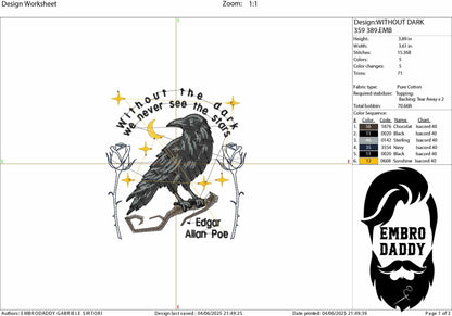 Machine Embroidery files, Without the dark we never see the stars, Edgar Allan Poe, Funny Horror Book, Halloween, DST, PES, xxx, hus & more