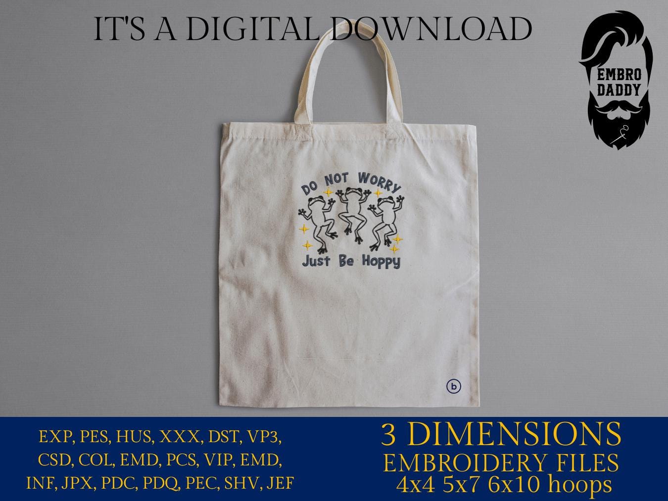 Machine Embroidery files, Do Not Worry Just Be Hoppy, funny Frogs, PES, DST, xxx, hus & more
