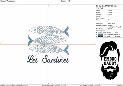 Machine Embroidery files, Les Sardines, Cute Fishes, PES, DST, hus & more