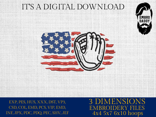 Machine Embroidery files, USA flag, baseball glove, PES, DST, xxx, hus & more