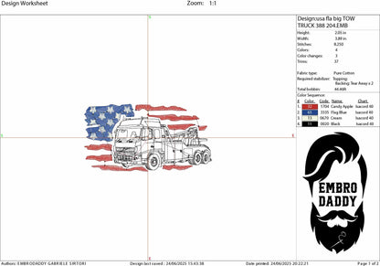 Machine Embroidery files, USA flag, Tow Trucker, Big Rigg, Wheeler, Semi Tractor, Trailer Shipping, Trucking , PES, DST, xxx, hus & more