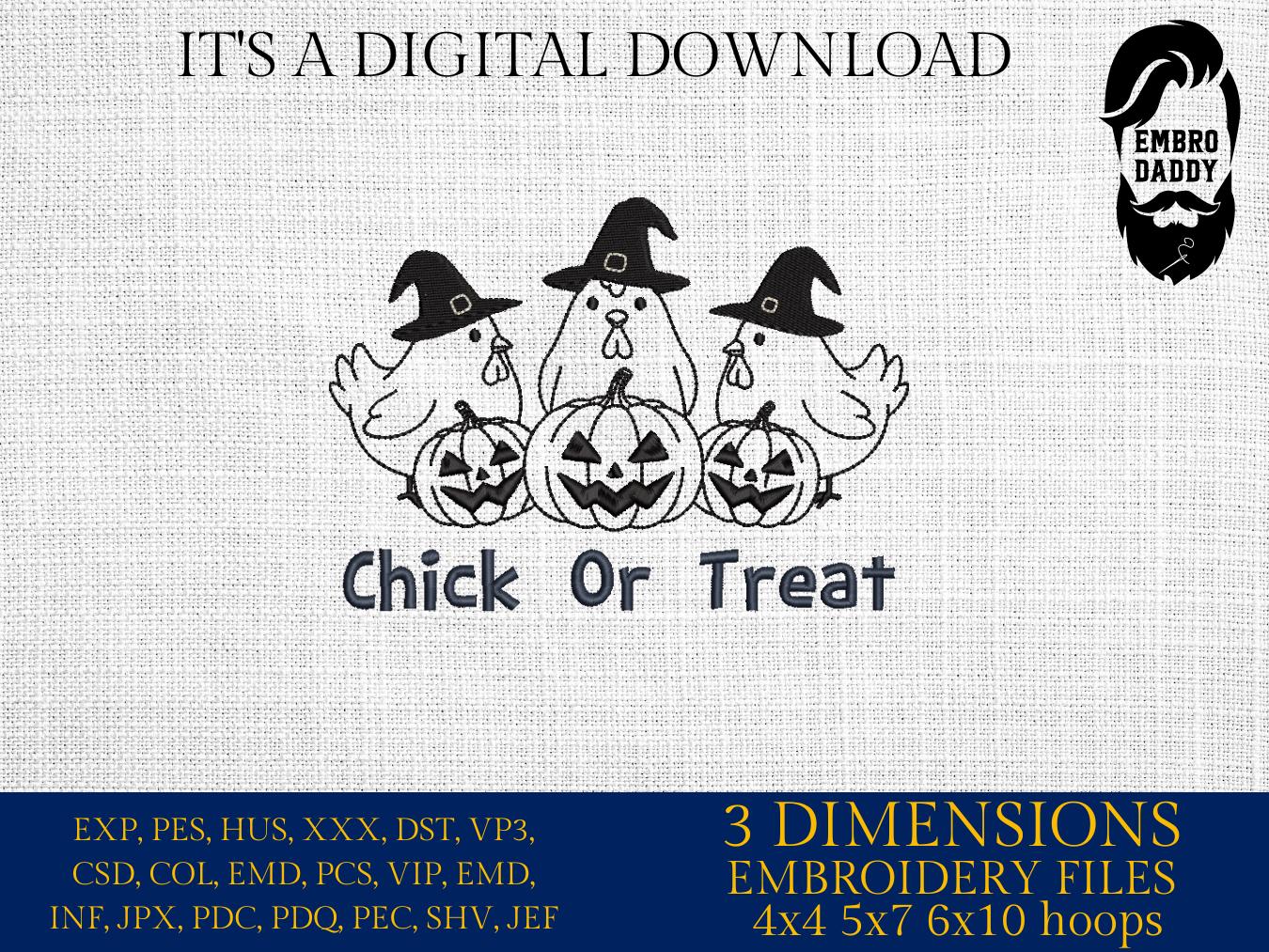 Machine Embroidery files, Chick or Treat, Halloween Chicken Witch, Ghost Chickens, Farm Animal, Pumpkin, Spooky, PES, DST, xxx, hus & more