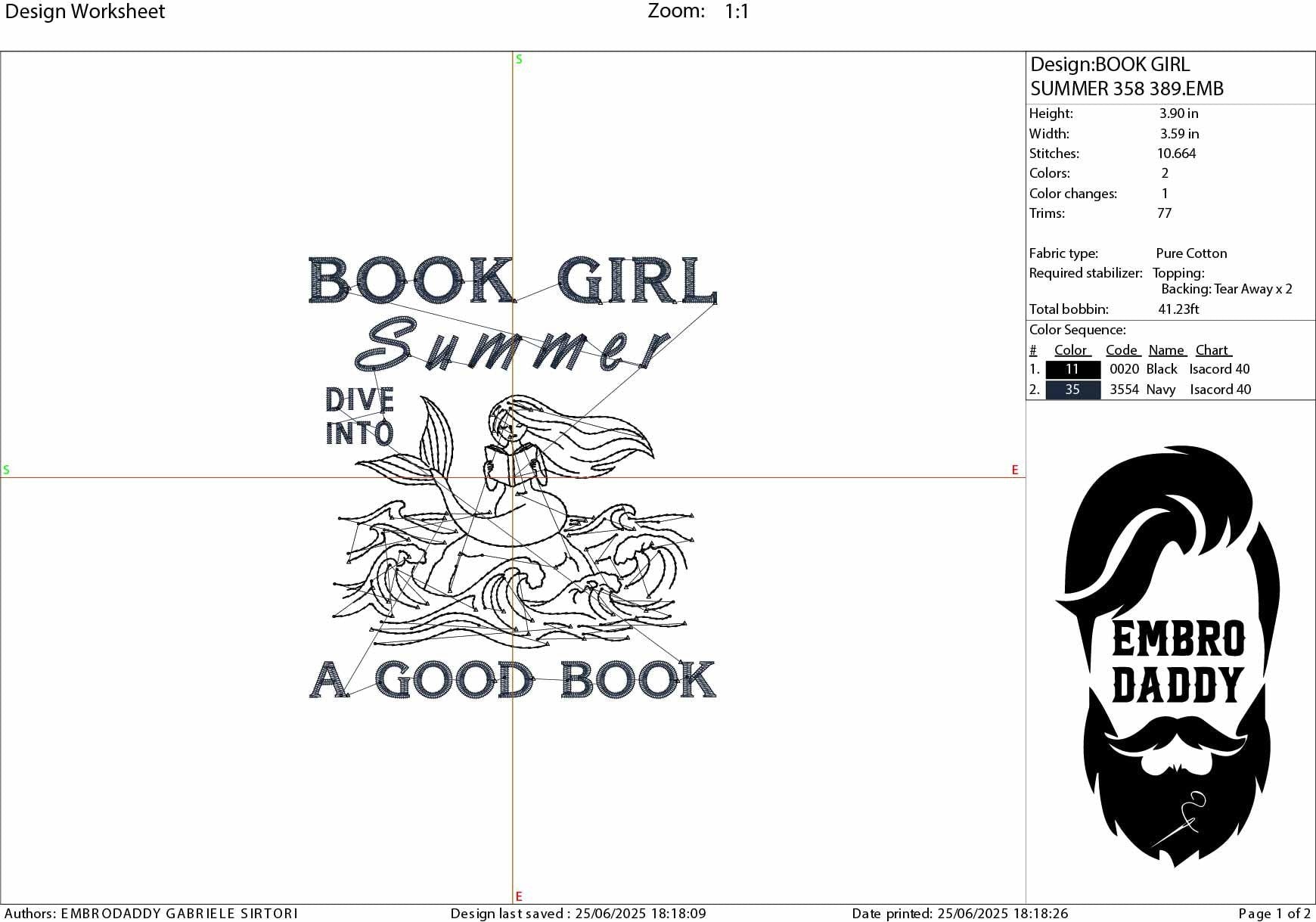 Machine Embroidery files, Book Girl Summer, Funny Mermaid Summer, Beach Book, Book Lover, Bookish Reader, Vacation, PES, xxx, hus & more