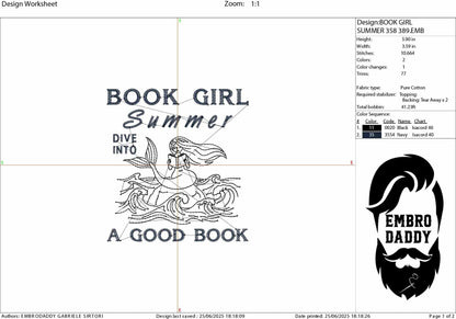 Machine Embroidery files, Book Girl Summer, Funny Mermaid Summer, Beach Book, Book Lover, Bookish Reader, Vacation, PES, xxx, hus & more