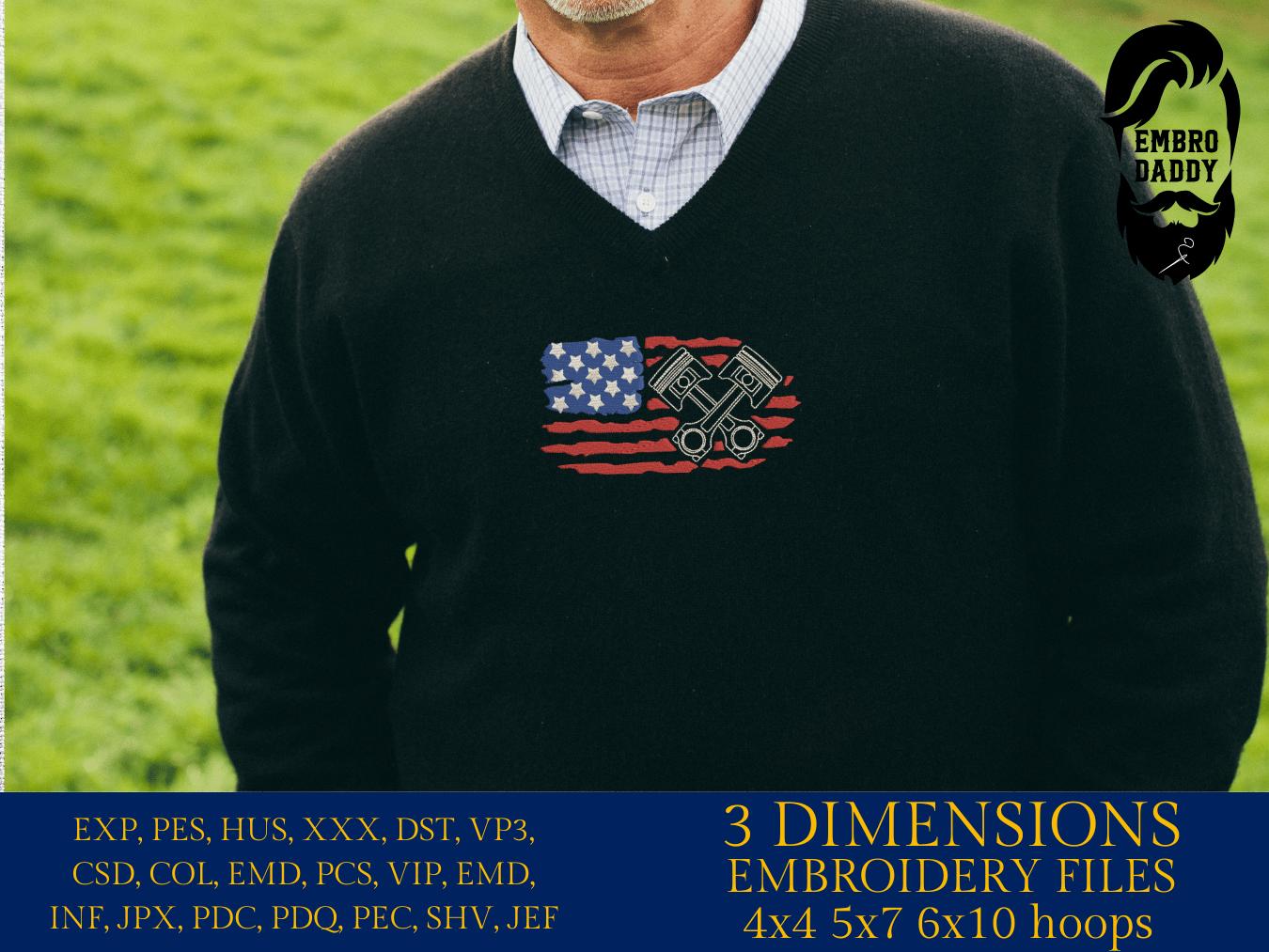 Machine Embroidery files, USA flag pistons, Mechanic, PES, DST, xxx, hus & more