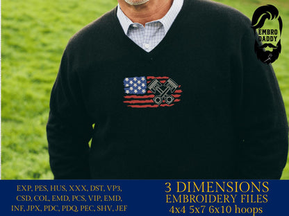 Machine Embroidery files, USA flag pistons, Mechanic, PES, DST, xxx, hus & more