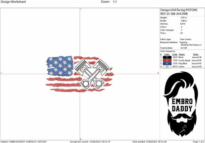 Machine Embroidery files, USA flag pistons, Mechanic, PES, DST, xxx, hus & more