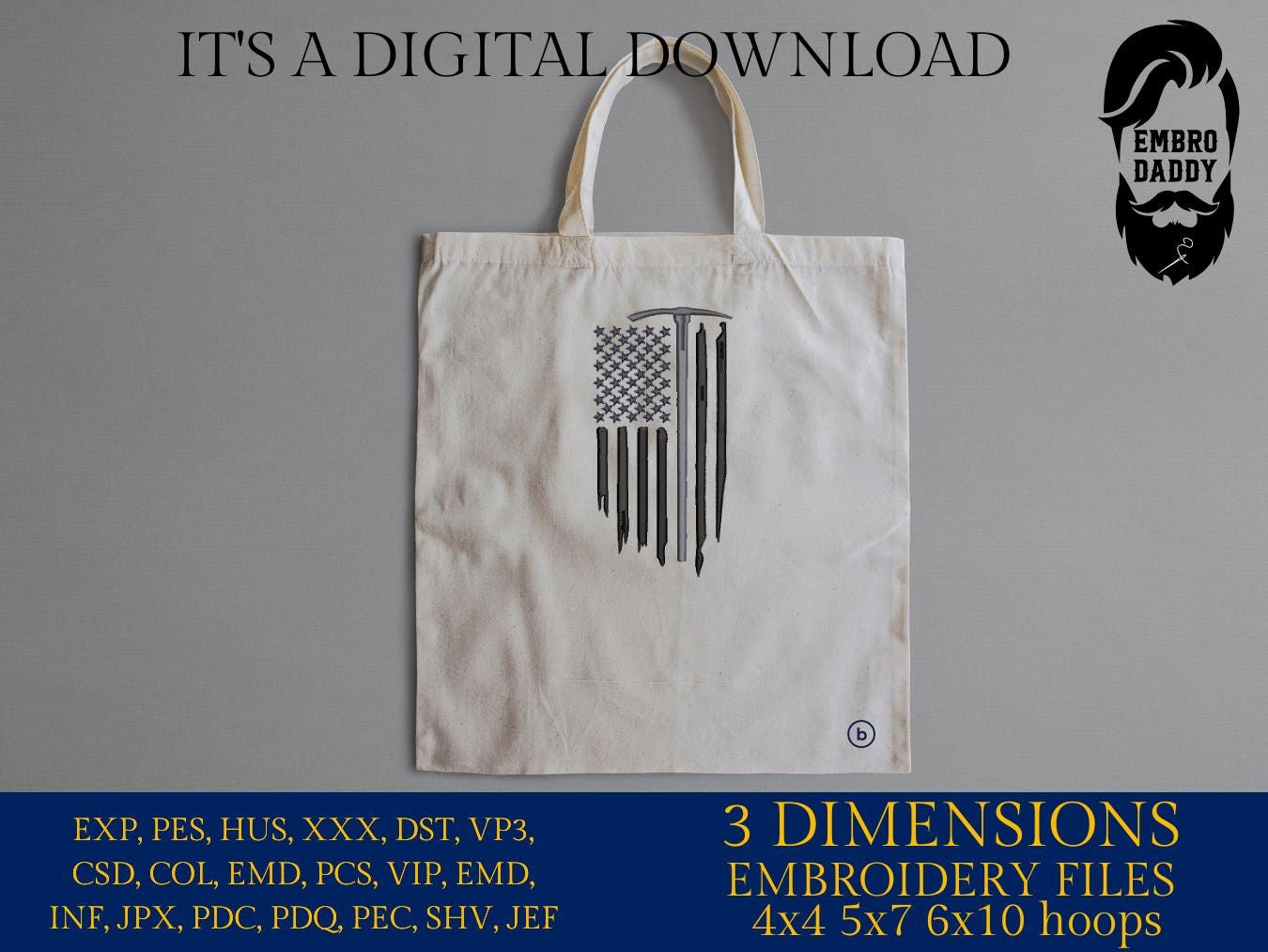 Machine Embroidery files, Mining Mine Miner, USA US Flag, Pickaxe, Hatchet, Dig Construction Shovel Tool Coal Gold, PES, xxx, hus & more