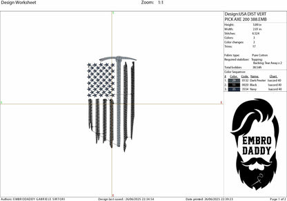 Machine Embroidery files, Mining Mine Miner, USA US Flag, Pickaxe, Hatchet, Dig Construction Shovel Tool Coal Gold, PES, xxx, hus & more