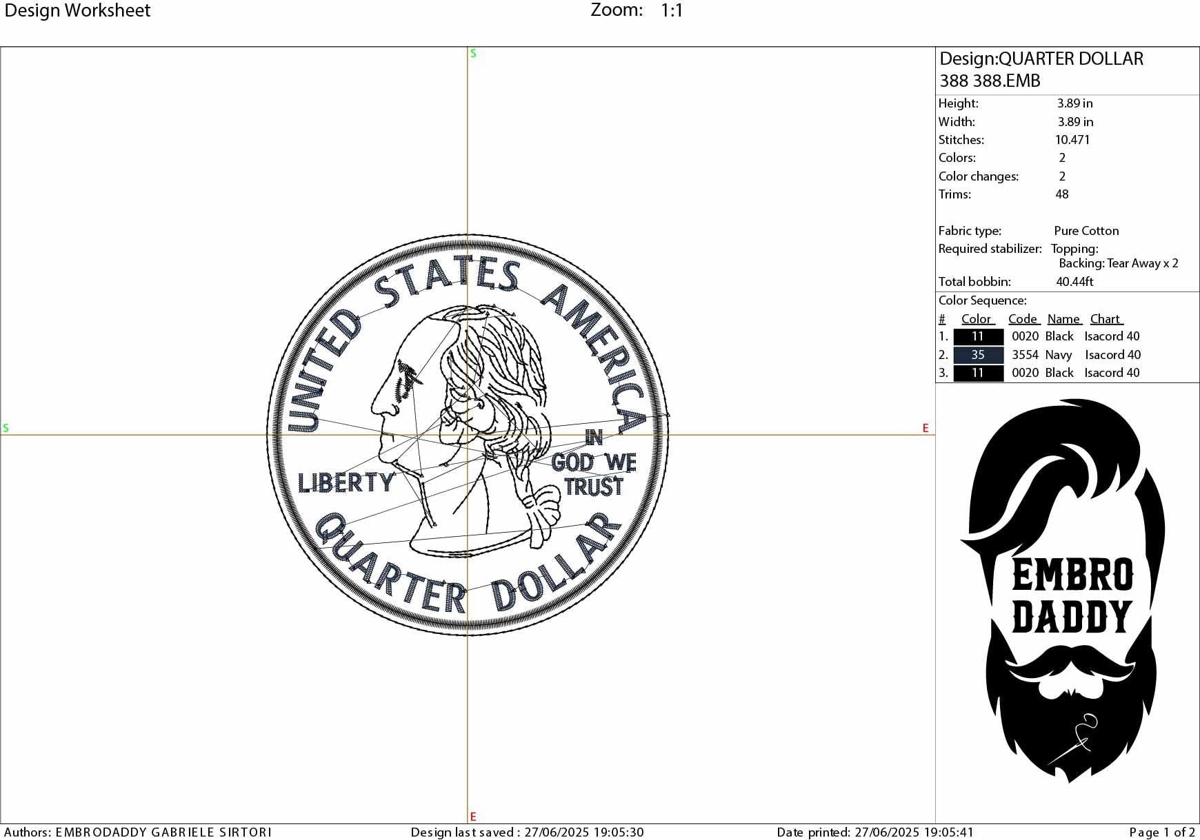 Machine Embroidery files, Money Coin, US Quarter Coin, 25 Cents, Dollar Sign, Currency Collecting Business, PES, dst, xxx hus & more