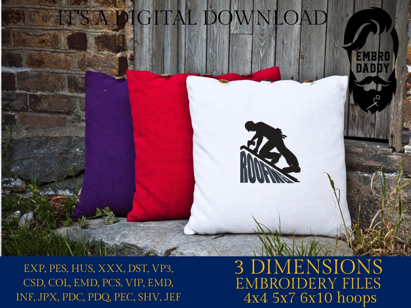 Machine Embroidery files, Roofer, Roof, Roofing, Construction, Build, Builder, Handyman, Business, Logo, PES, dst, xxx, hus & more