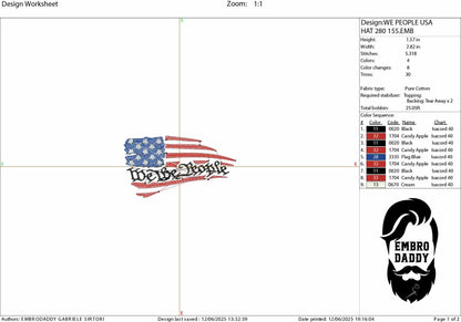 Machine Embroidery files, embroidery file digitize for hat, Usa flag, We The People, American Flag PES, xxx, dst, hus & more