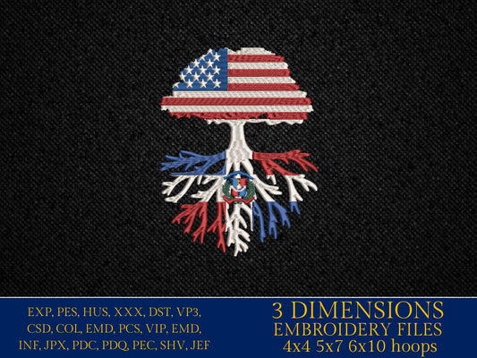 Machine Embroidery files, USA Tree Dominican Republic, PES, xxx, hus, dst & more