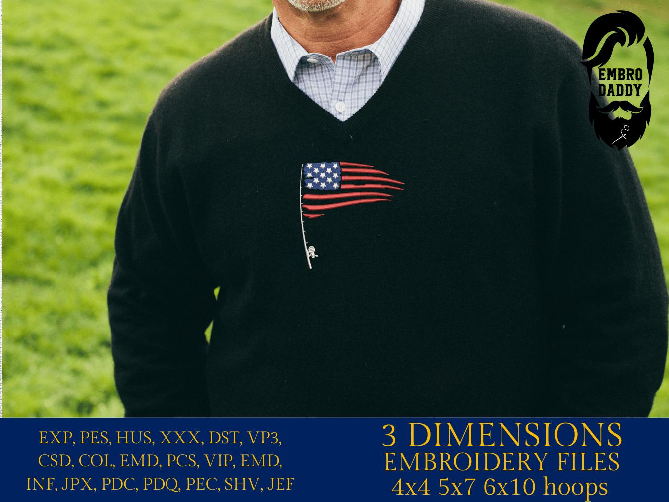 Machine Embroidery files, Fishing Pole USA Flag, Water Deep Sea, Sport, Game, Rod, Reel, Hook , PES, DST, xxx, hus & more