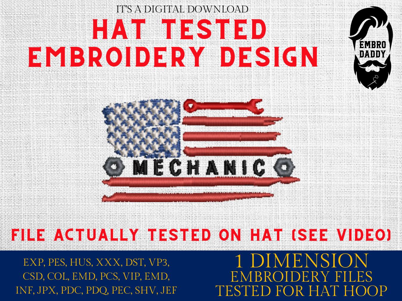 Machine Embroidery files, embroidery file digitize for hat, Usa flag, Mechanic, American Flag PES, xxx, dst, hus & more